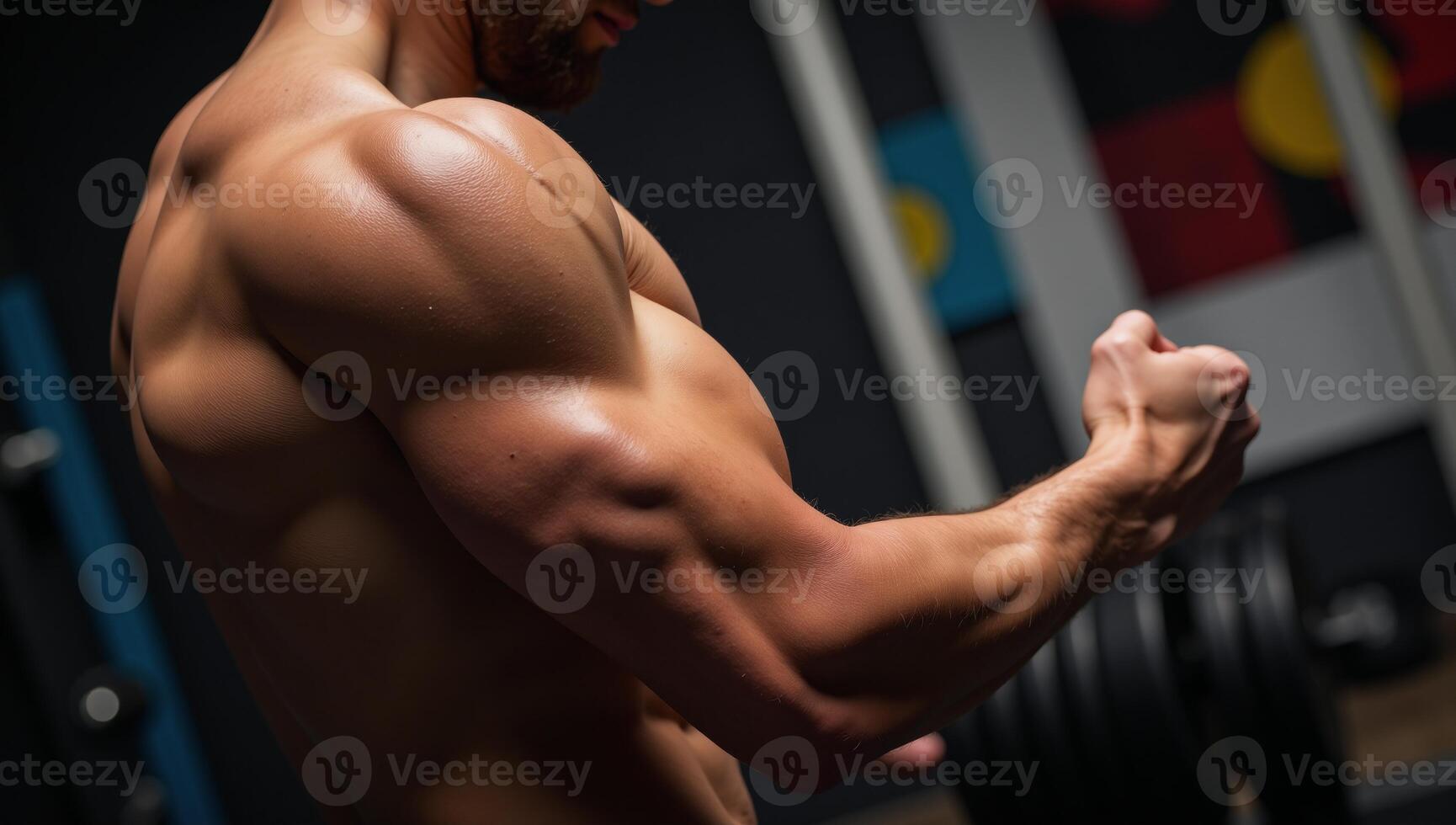 A gymthemed image featuring an abstract backdrop and a display of muscle strength through a muscular arm lifting weights photo