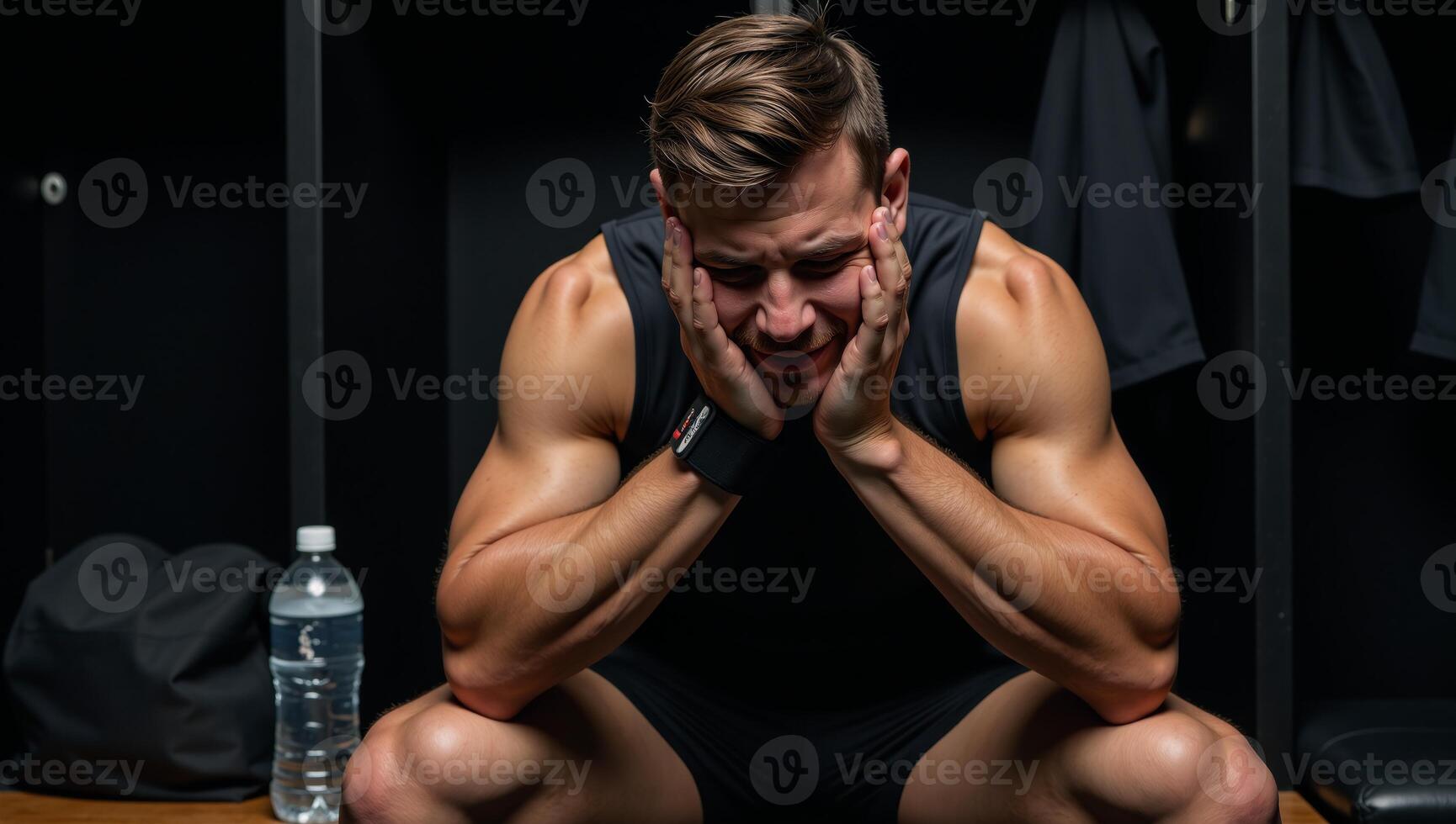 A concussed athlete visibly distressed in a locker room scene photo