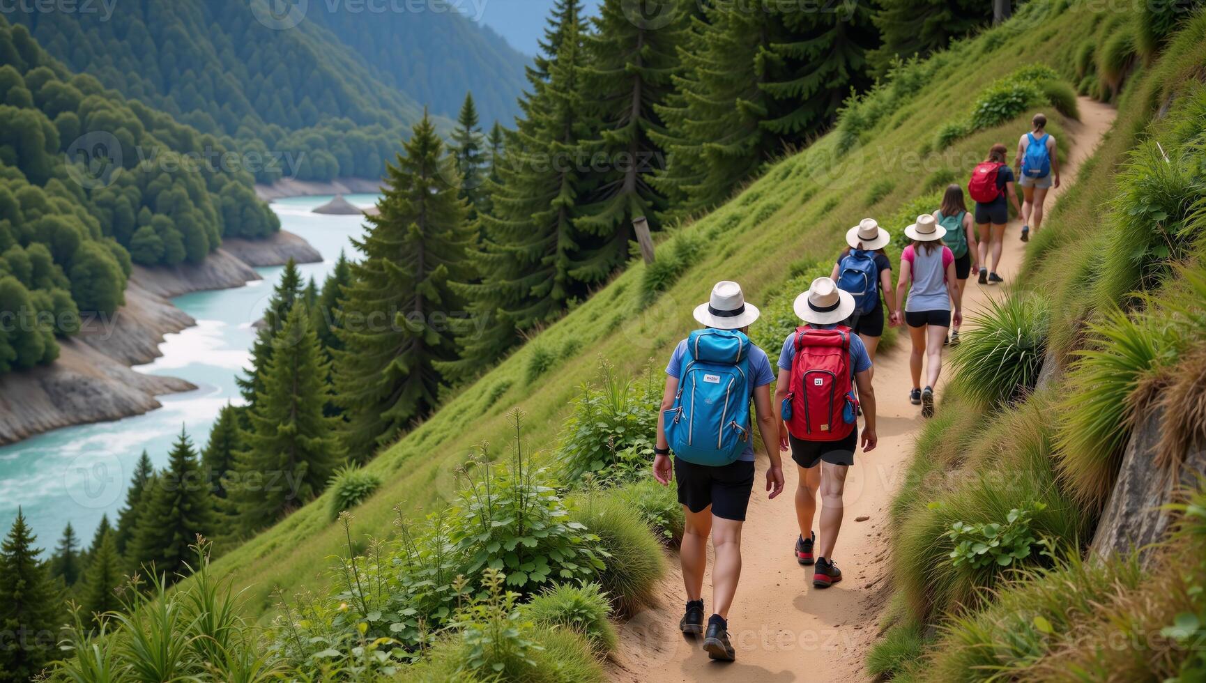 A trekking group tours along a mountain trail through a riverforested path with their backpacks photo