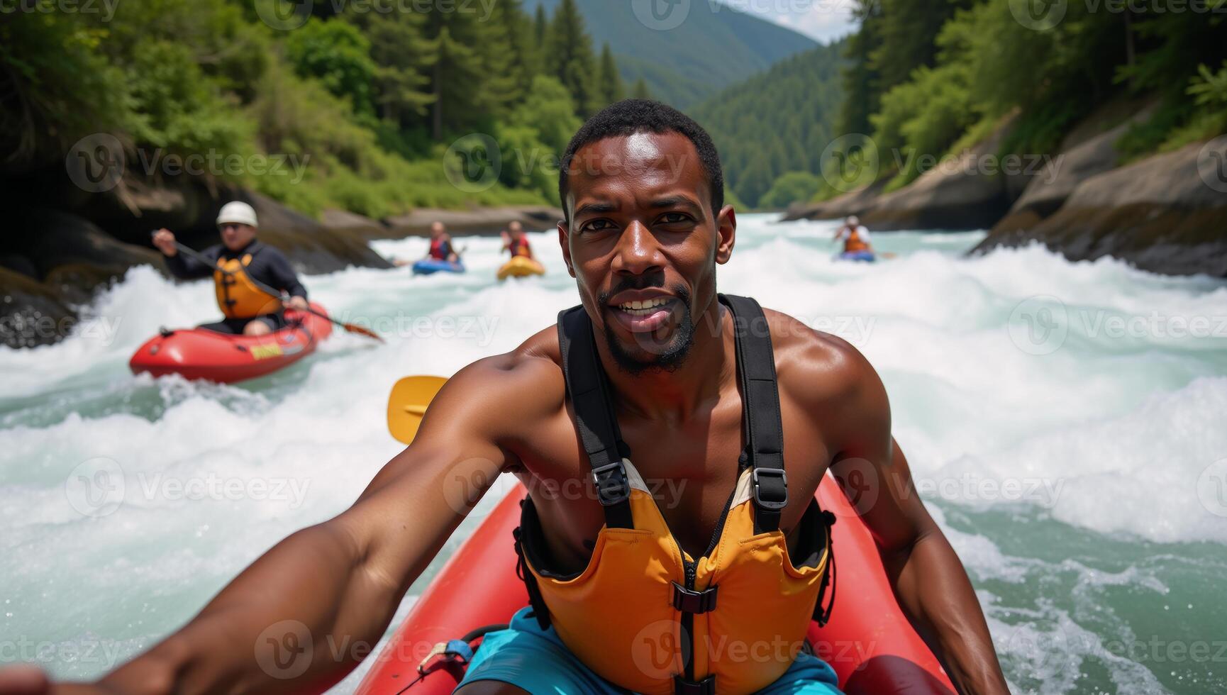An African American man takes an exhilarating closeup selfie during whitewater river rafting while paddling a canoe or kayak in the extreme sport setting photo