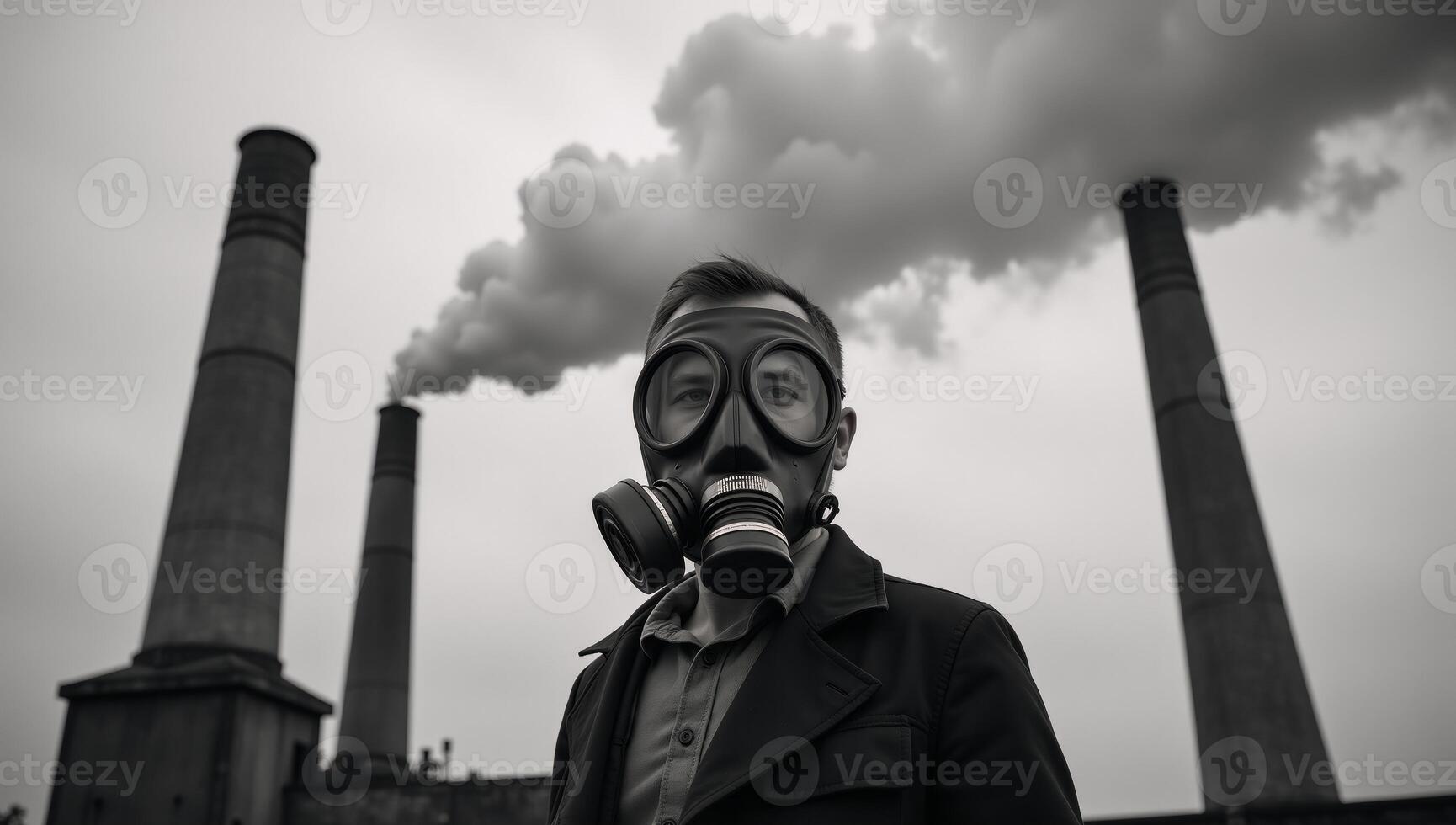 Man in gas mask before polluted factory stacks highlights environmental concerns photo