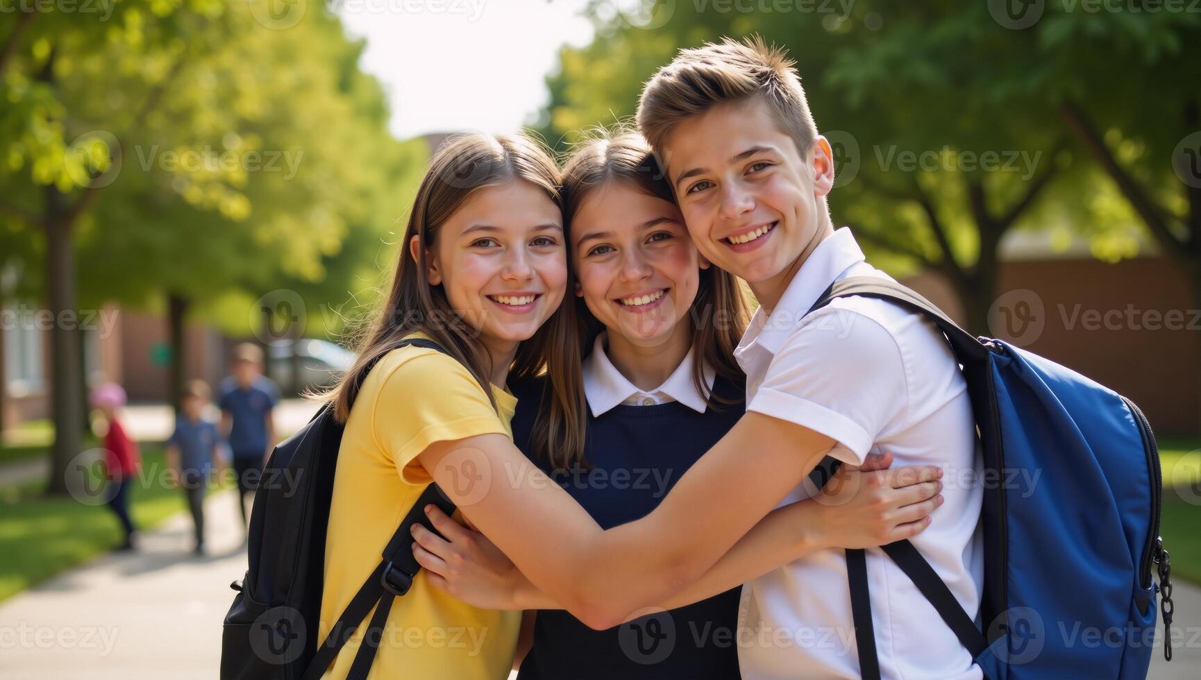 Three friends embrace in a sunlit schoolyard symbolizing camaraderie and unity photo