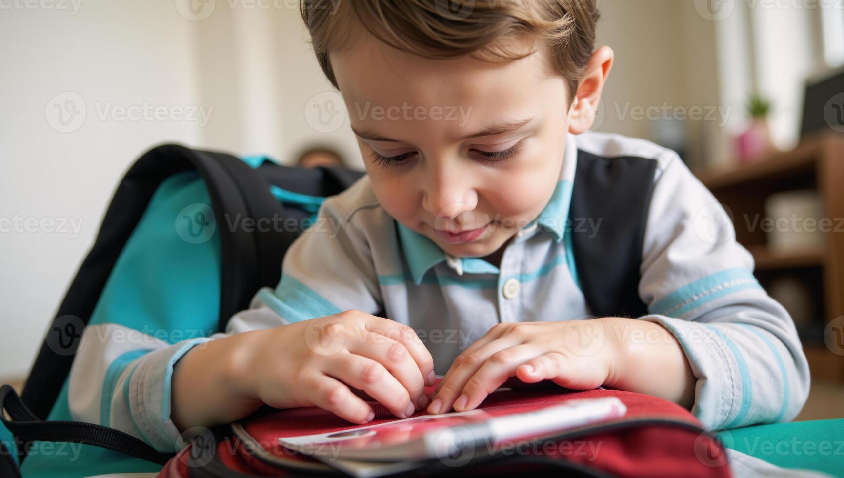 Little boy preparing for school using futuristic tech photo