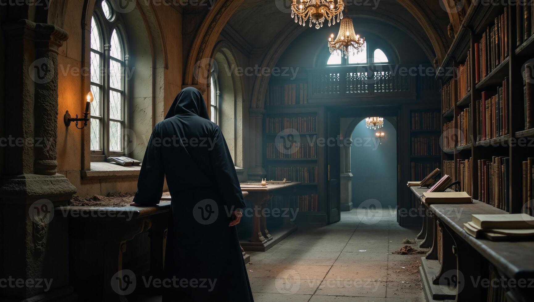 A hauntingly atmospheric dark fantasy scene set within an eerie library photo