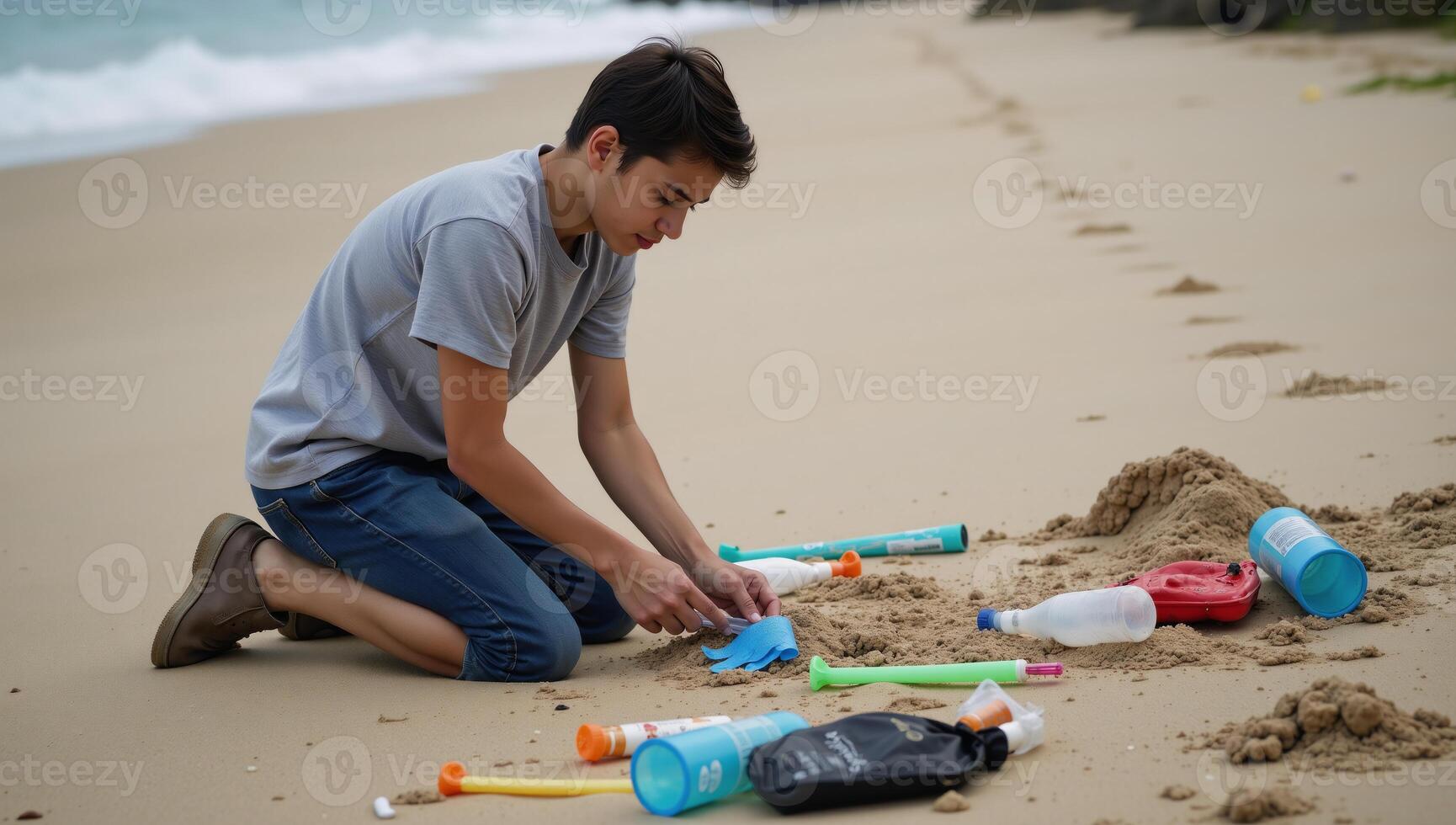 A young man educates children about plastic pollution while helping clean up the beach for environmental conservation photo