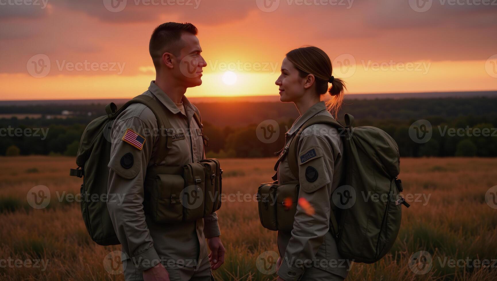 Two soldier companions are depicted in natural setting at sunset both carrying backpacks photo