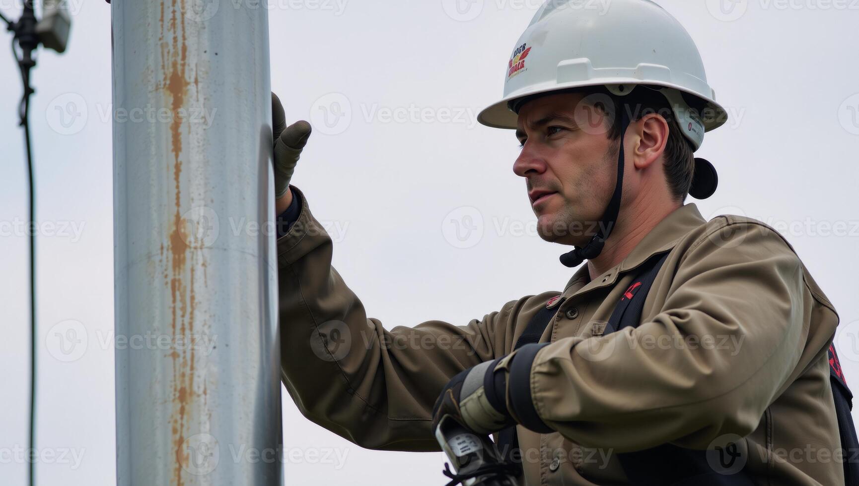 Lineman performs maintenance on power line tower Uniform Electric Utility Worker photo