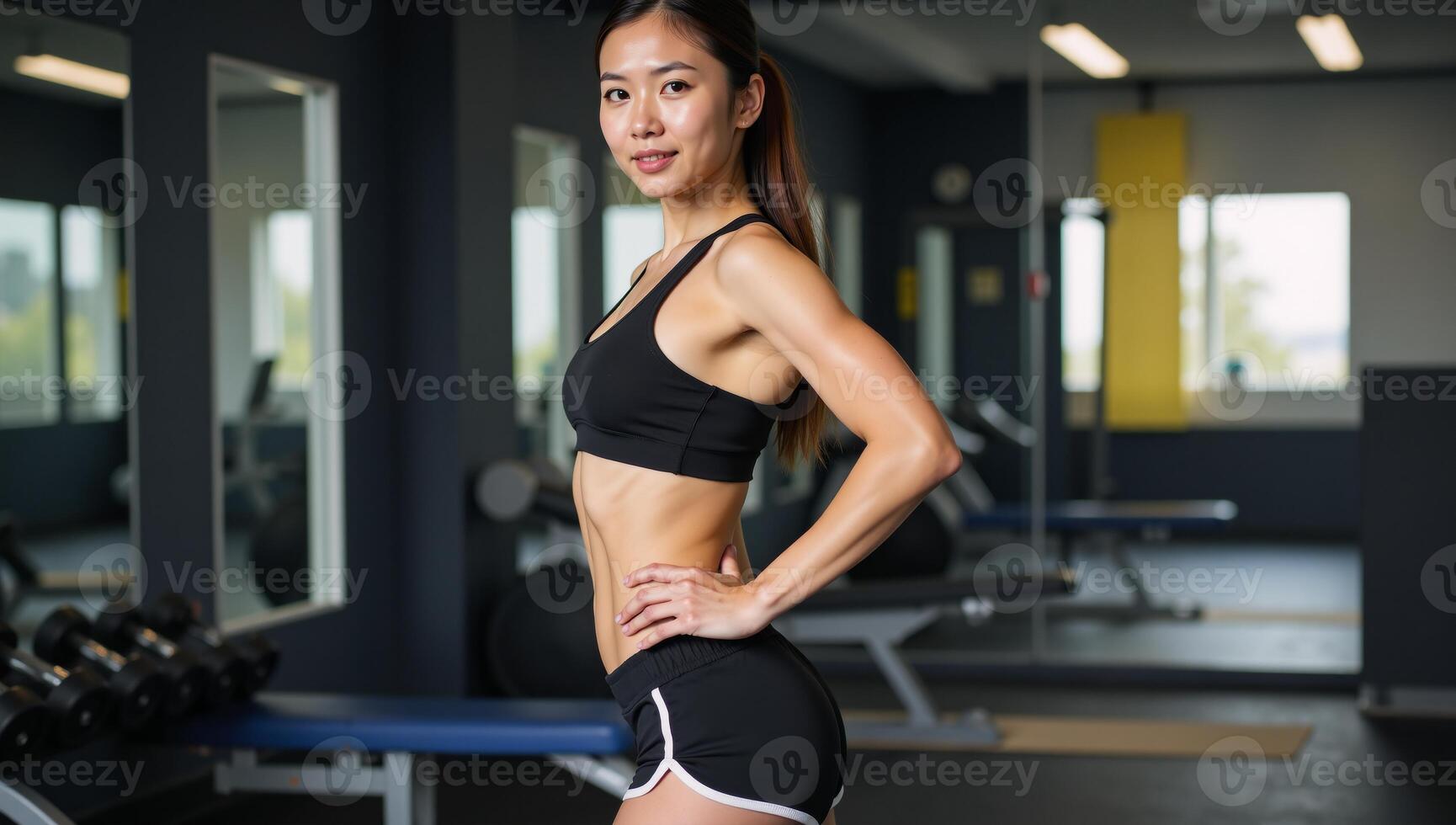 Asian woman depicted postgym workout photo