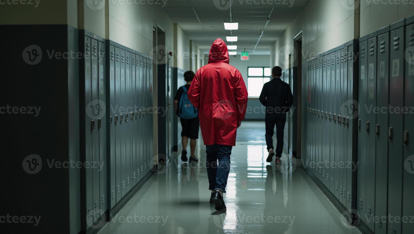 A person walking through a rainy brightlit hallway lined with lockers wearing a red raincoat photo
