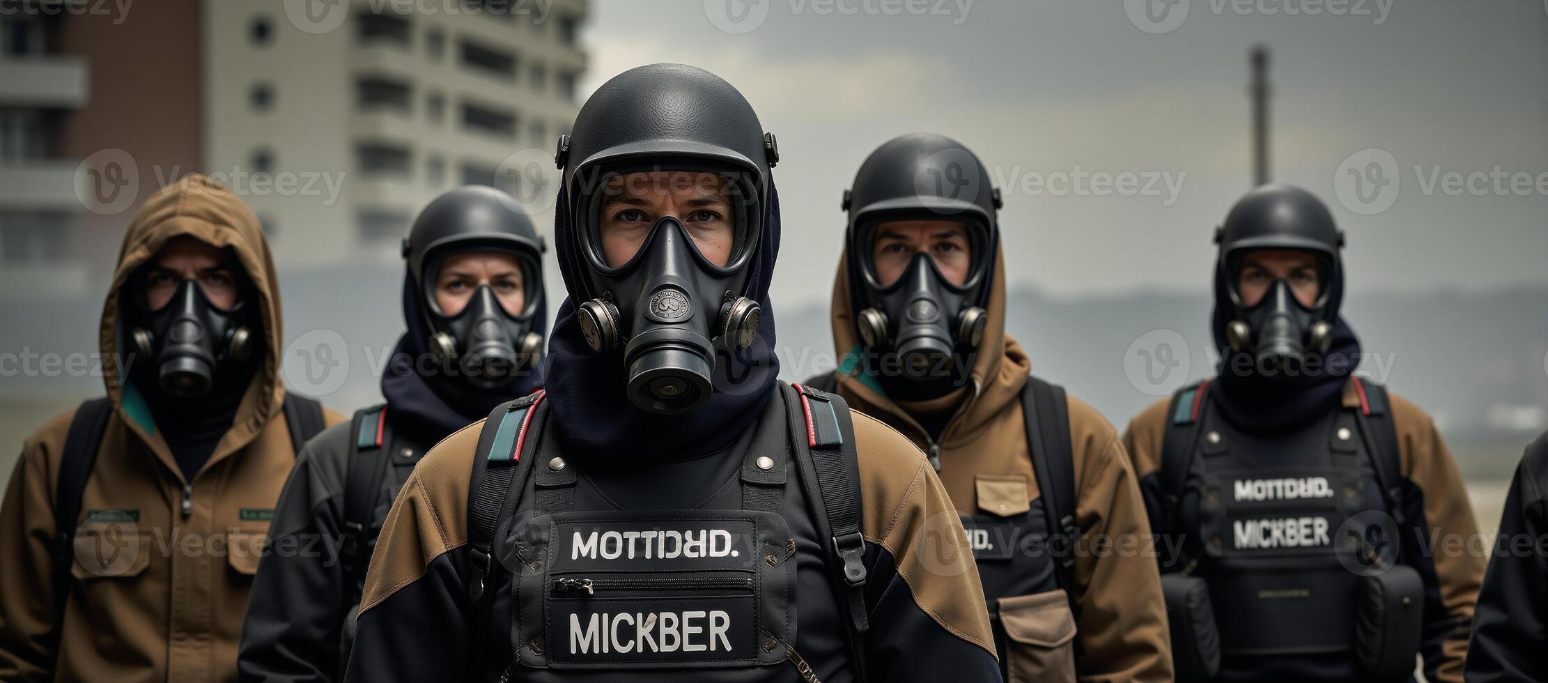 A scene with individuals donning gas masks and backpacks photo