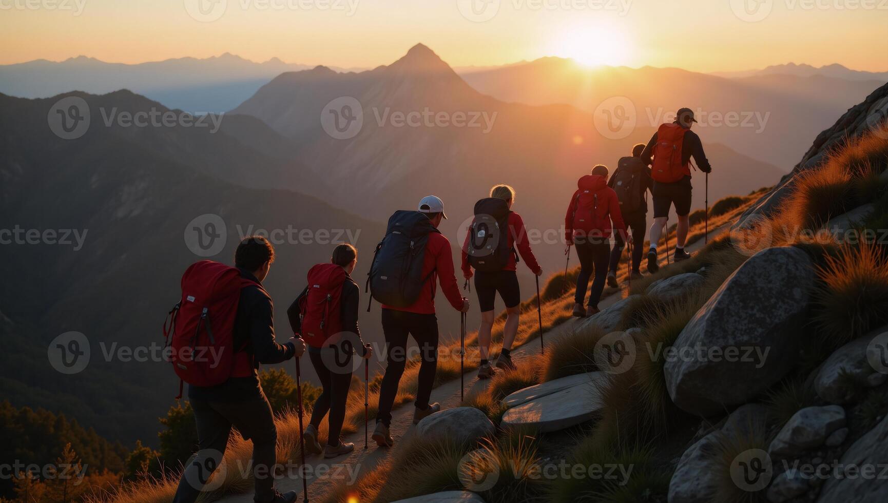 Hikers with packs trek towards the sunset among mountains on an epic journey photo