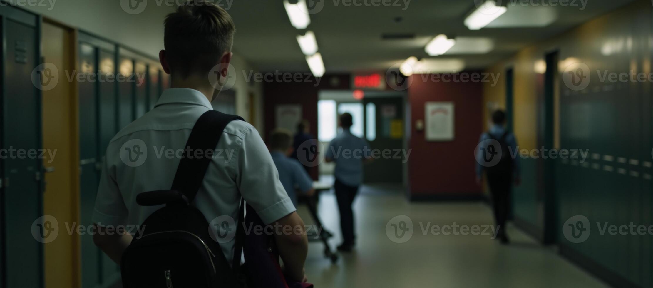 Schoolboy depicted from behind in a crowded school hallway wearing a backpack photo