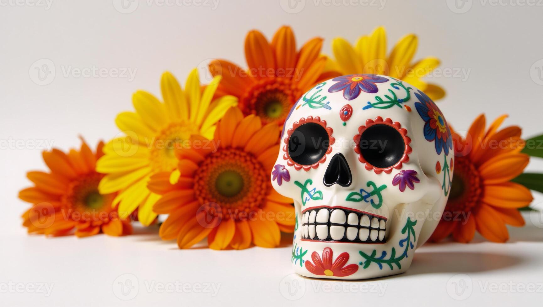 Colorful sugar skull surrounded by vibrant orangeyellow floral arrangement photo