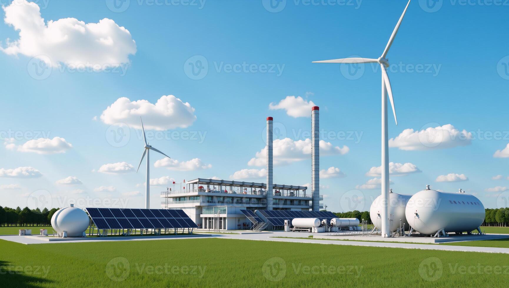 A 3D image of an energetic plant harnessing green energy featuring solar panels next to gas tanks a station with windmills and spherical fuel storage beneath the blue sky symbolizing advancements in photo