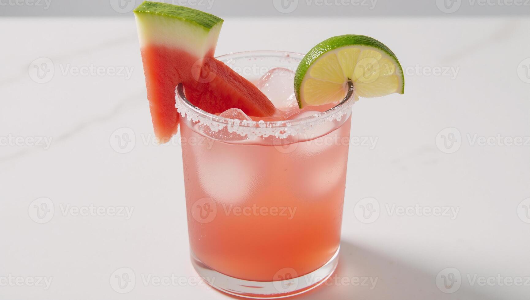 A cooling watermelonlaced tequila cocktail served over ice and garnished with a slice of lime photo