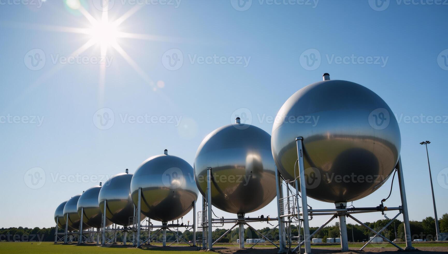 Blue spherical hydrogen tanks in a modern innovation power station showcasing BPVC technology and housing H2 molecules beneath the summer sky photo