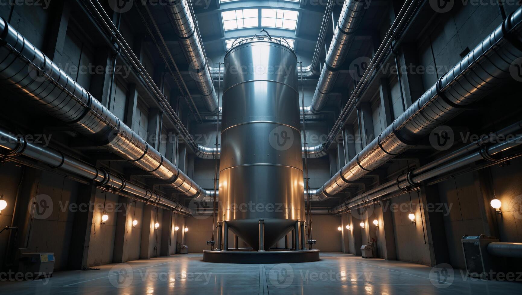 Inside a large futuristic hydrogen production facility illustrated through metal industrial tanks and surrounding pipes as envisioned by photo