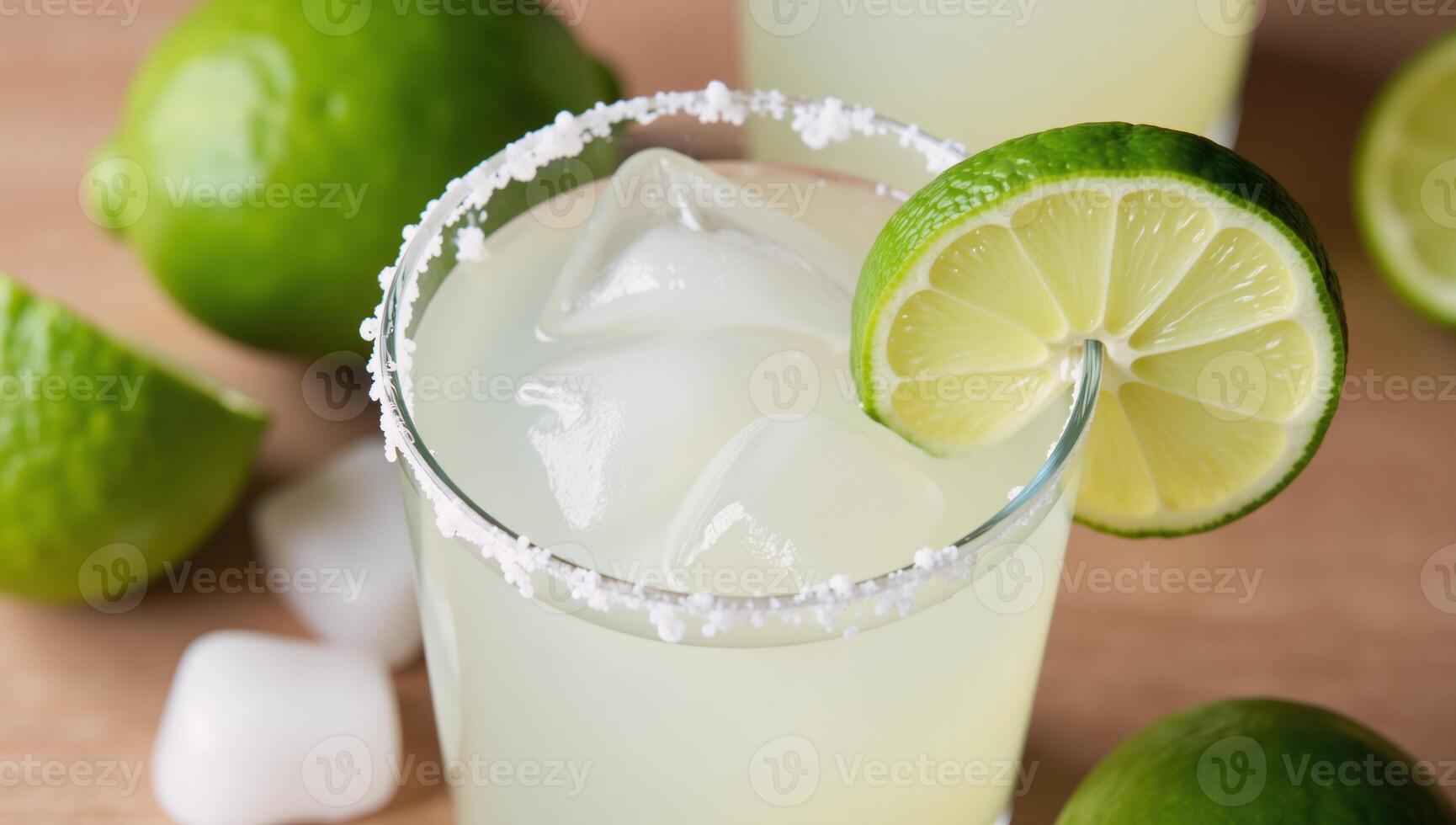 Cocktail Margarita served with ice and limes in a saltrimmed margarita glass Refreshing photo
