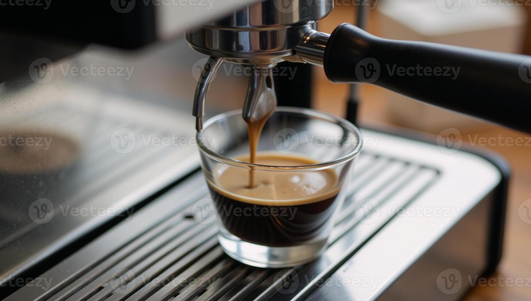 Sketch of a steaming espresso machine serving coffee into a cup against a blurry caf backdrop photo