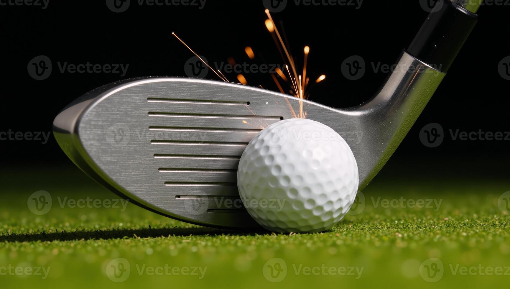 Dynamic closeup of golf ball impact with sparking droplets amidst a bokeh backdrop photo