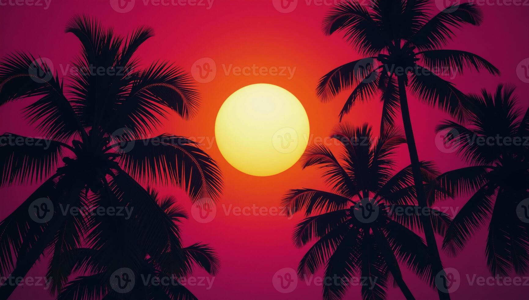 Illustrated scene featuring a tropical setting during either sunrise or sunset under neon lights showcasing palm trees and the sun in a vintageinspired style photo