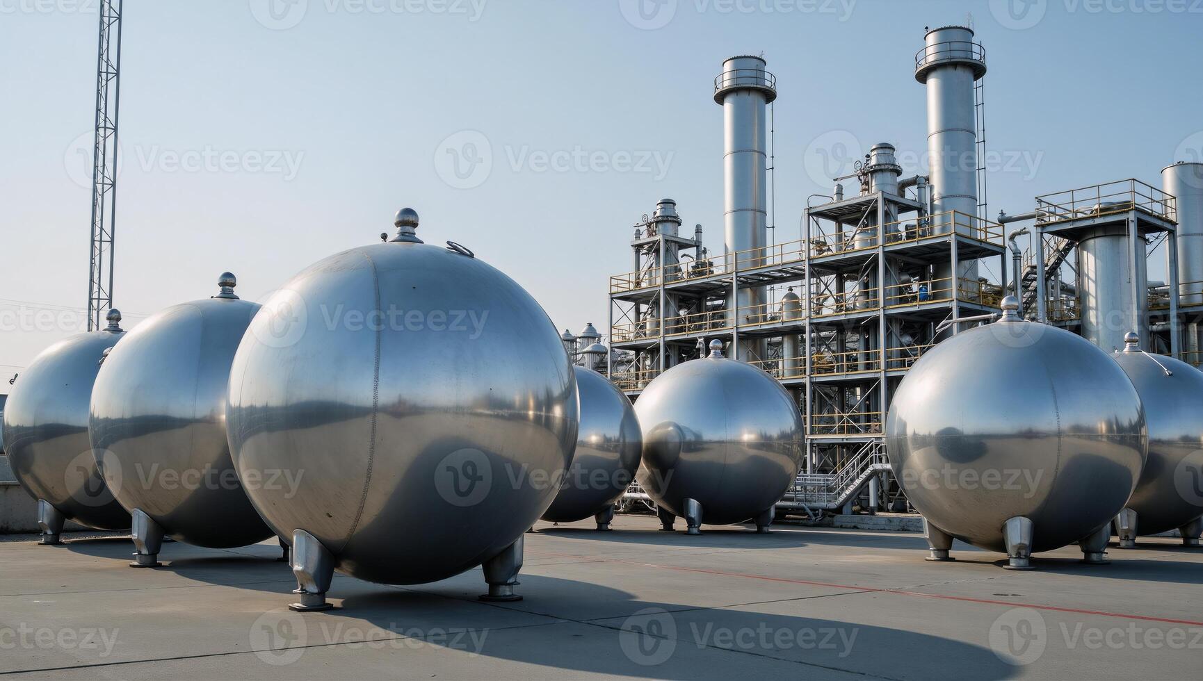 A detailed 3D rendering featuring liquefied gas storage spheres and production equipment in a chemical factory or plant within the broader context of the chemicals industry BVC ASME Reservoirs photo