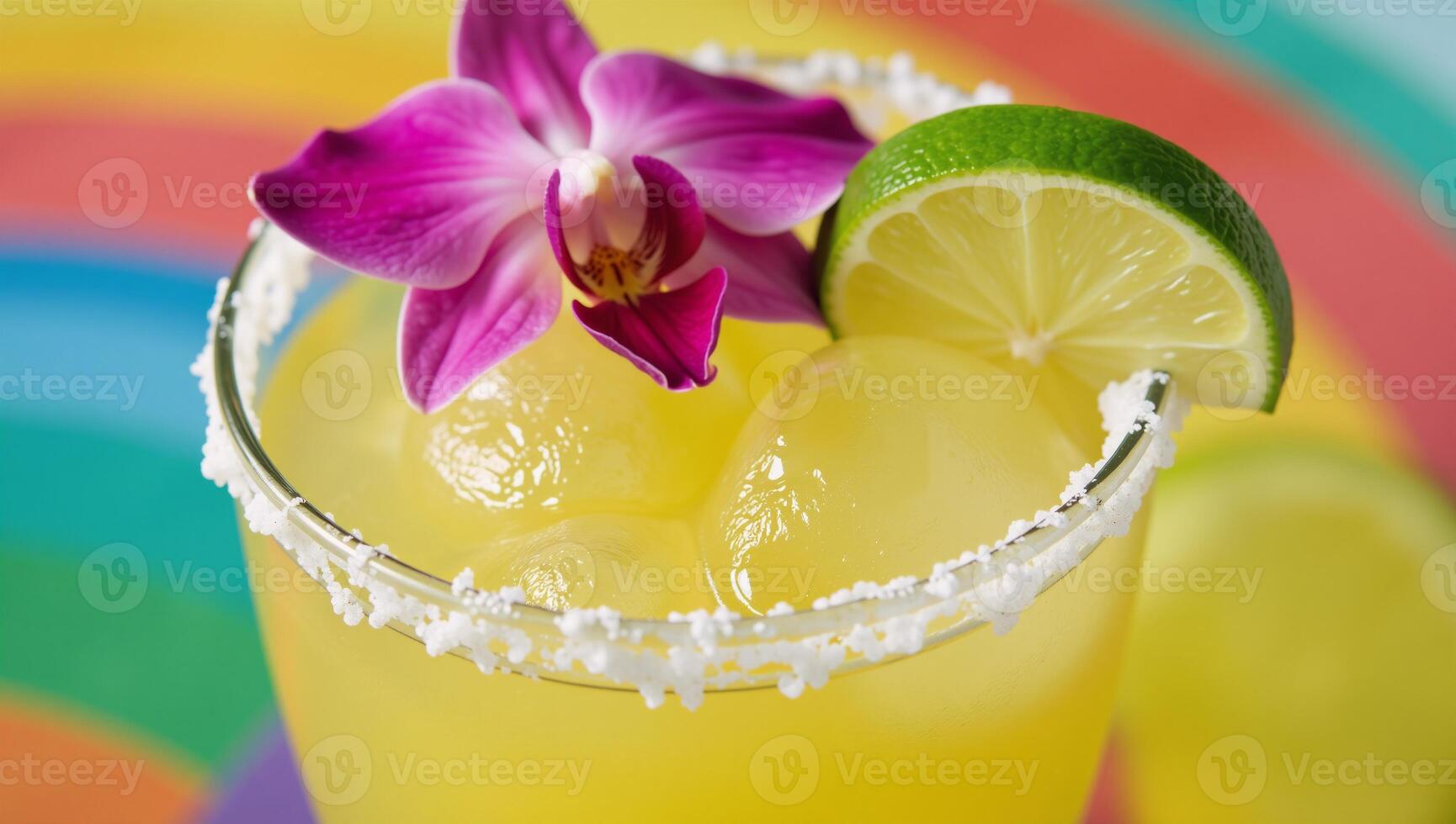 Vibrant margarita with an orchid and lime slice against a festive backdrop photo
