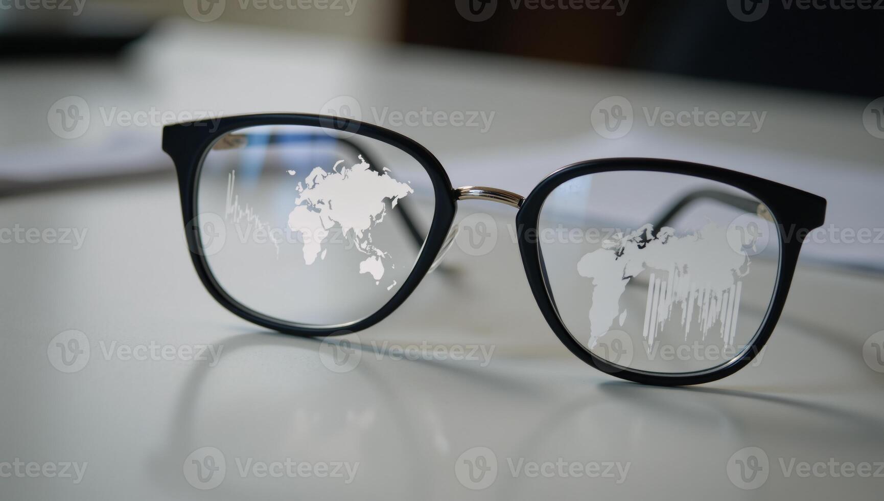 A world map financial charts reflected in stylish glasses symbolize global stock market surveillance photo