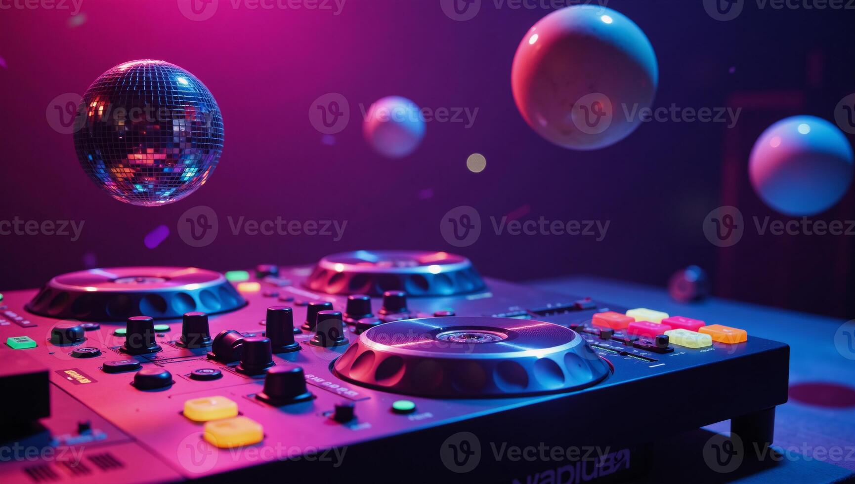 A luminous digital rendition of a vibrant DJ setup amidst glowing planets under a cosmic neon glow Nightclub Ambiance photo