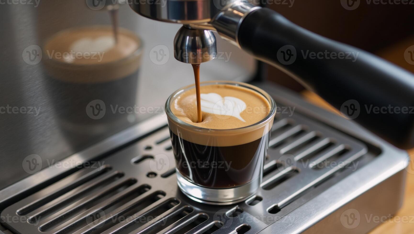 Closeup shot of espresso pouring from coffee maker showcasing expert brewing technique photo