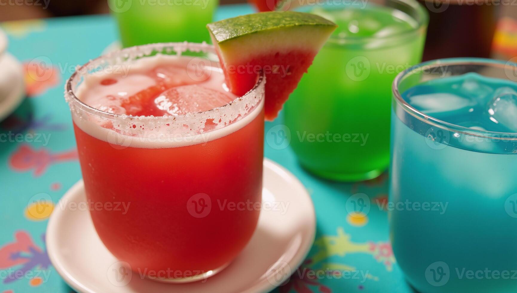 A vibrant closeup image of a red margarita adorned with a watermelon slice against a backdrop of other colorful cocktails set on a festive multicolored tablecloth during a lively party scene photo