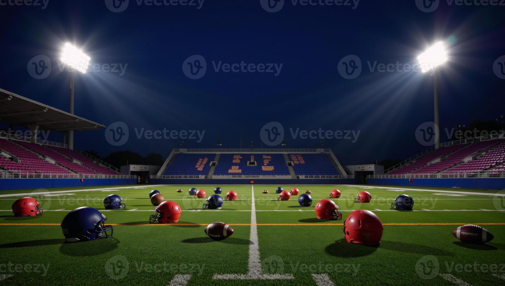 Neonlit football field adorned with multiple helmets and soccer balls photo