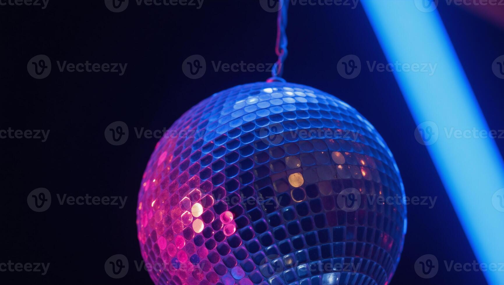 A captivating scene featuring blue and pink hues with a glowing neon effect and a vintage disco ball photo