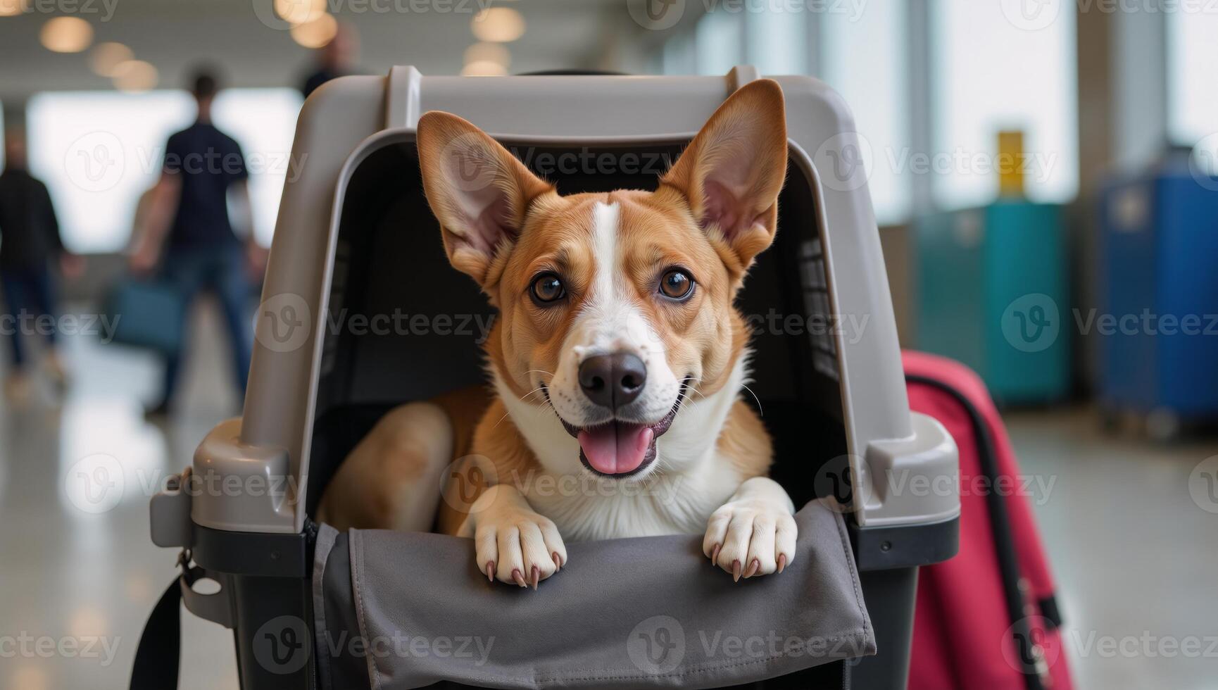 Travelling with pet dog at airport terminal in carrier photo