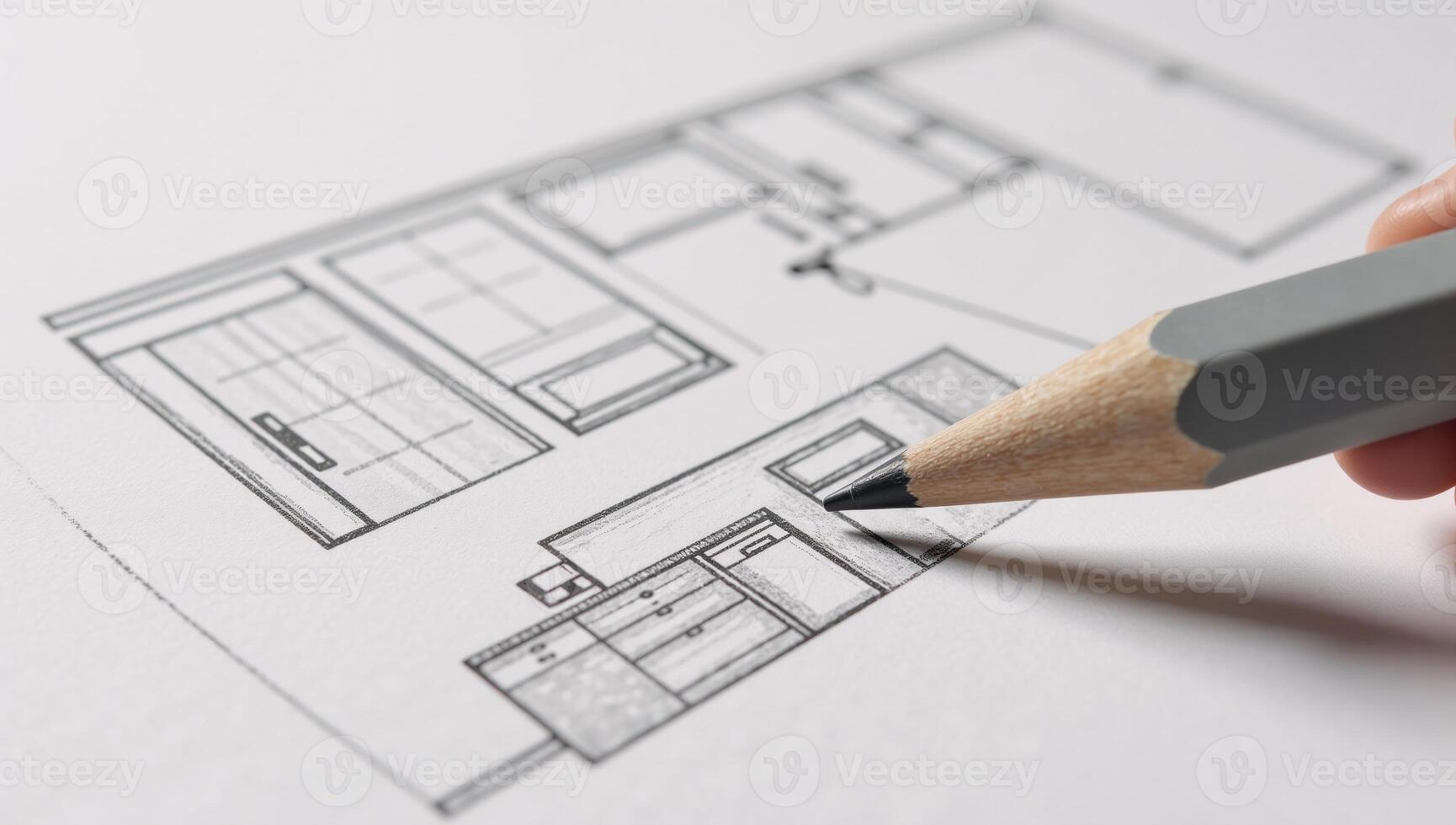 Modern kitchen layout in sleek style featuring topnotch appliances illustrated as an intricate pencil sketch ideal for design presentations or showcasing home remodeling projects photo