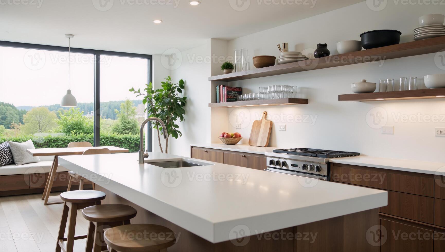 A lightfilled kitchen interior showcases countertops seating shelving and assorted kitchenware framed by a nearby window photo