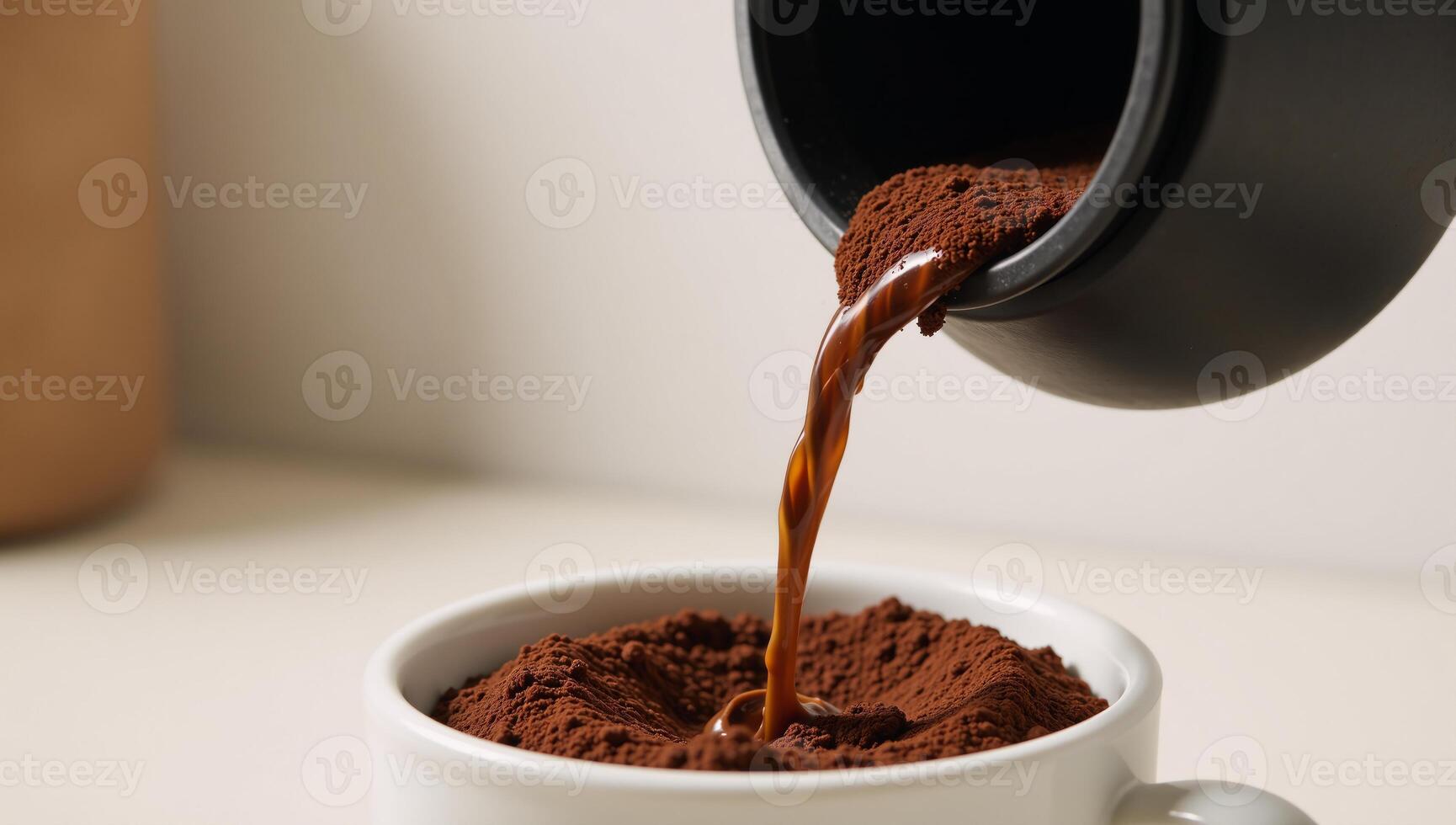Coffee flowing from grinder showcasing enticing brewed grounds for promotion of coffee brands and establishments photo