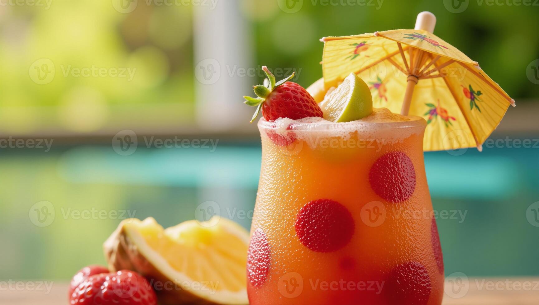 Colorful Tropical Drink with Umbrella Fruit Garnish Ideal Summer Refreshment photo