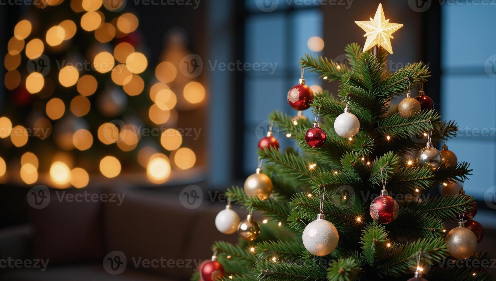 A lavishly adorned Christmas tree features colorful ornaments sparkling lights and a shining star atop it photo