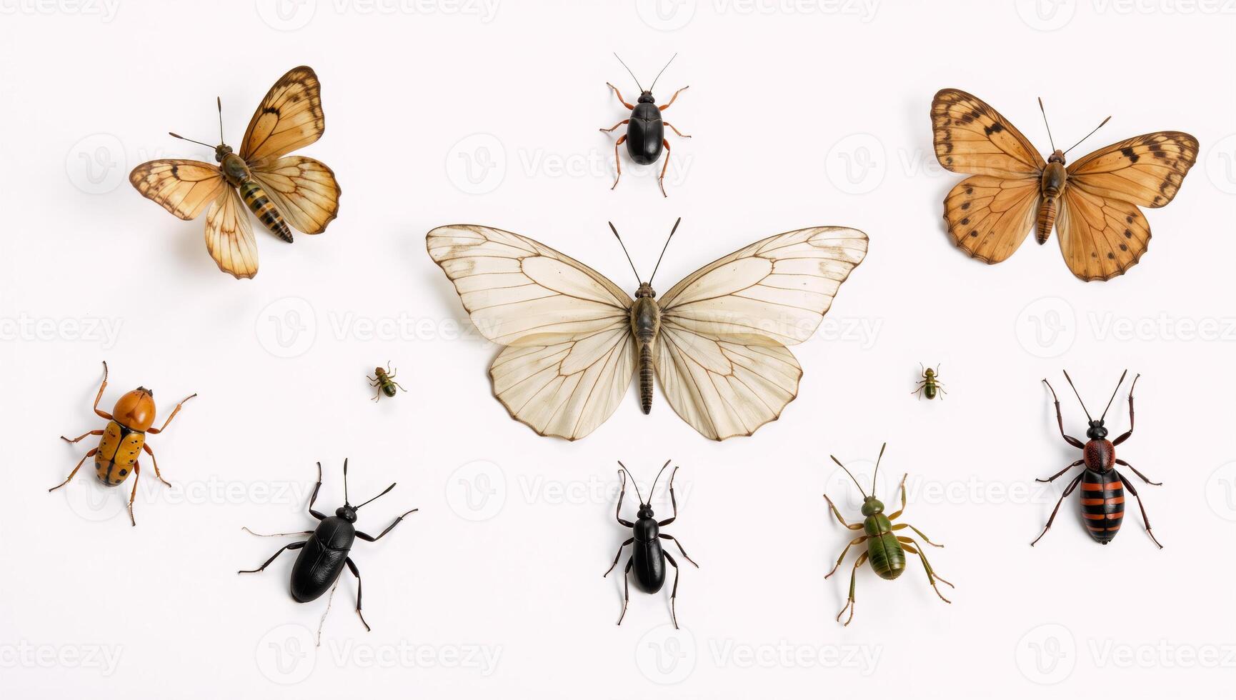 Highmagnification image showcases various bugs against a pure white background with intricate details of their tiny features photo