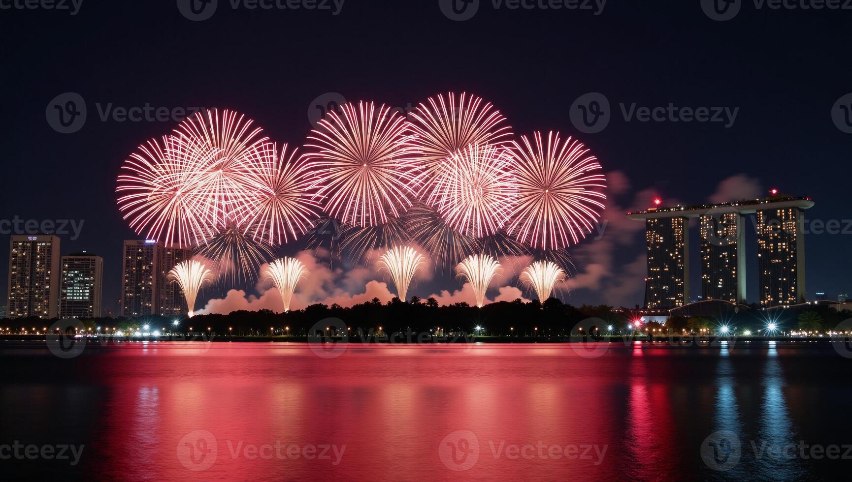 Fireworks display illuminating city skyline at night over water reflection photo