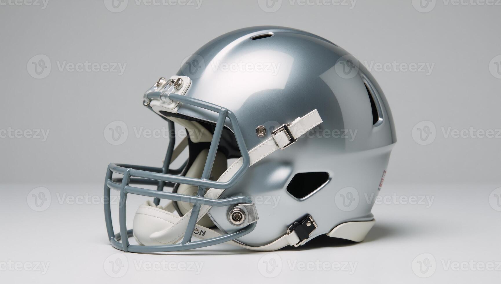 Highangle view Shiny silver football helmet with facemask and white pads photo