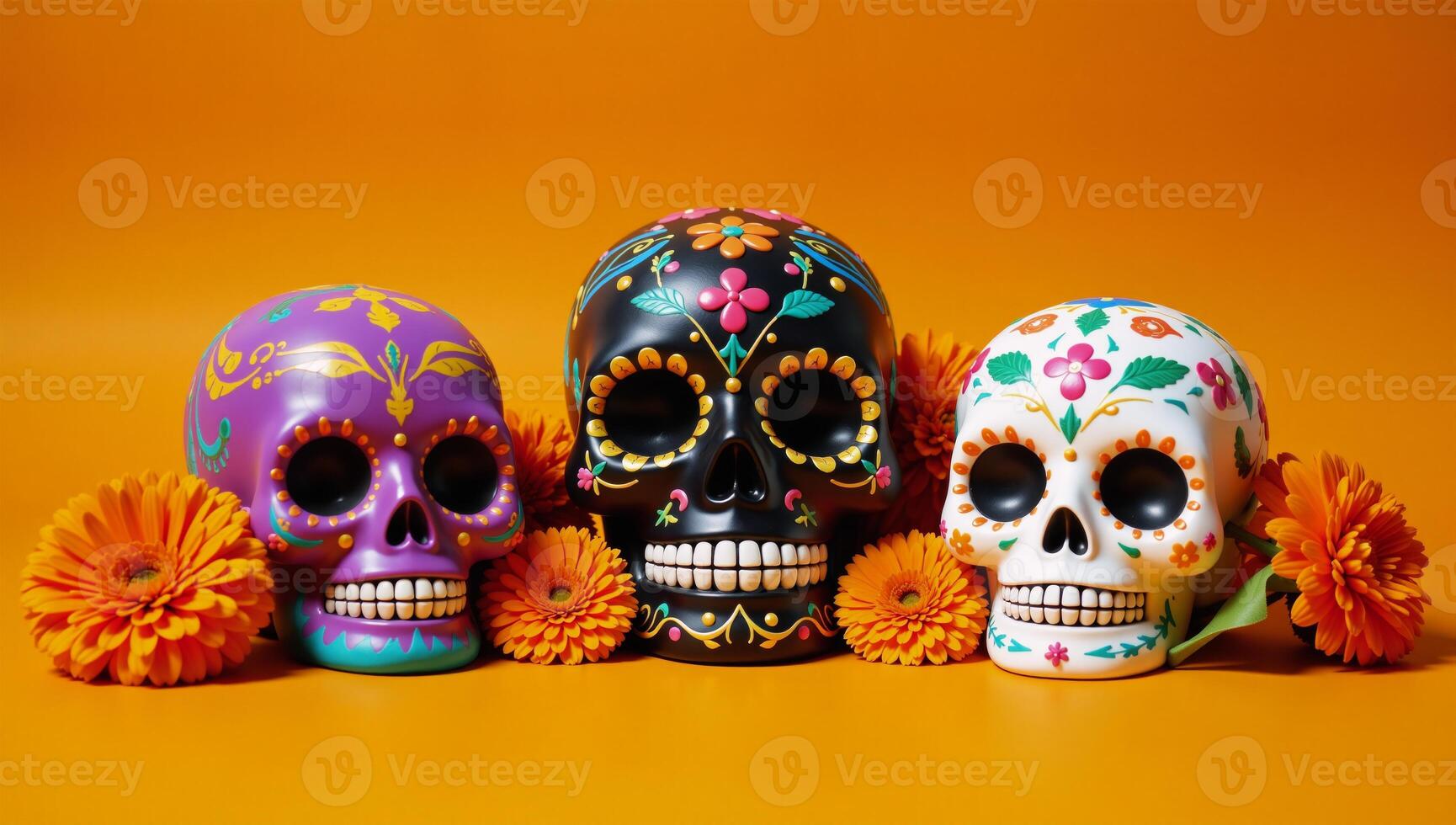 Colorful sugar skulls surrounded by marigolds on an energetic orange backdrop depicting the essence of Day of the Dead tradition photo
