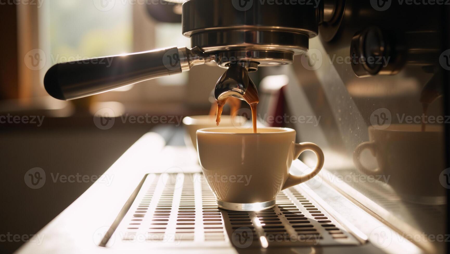 Modern coffee machine brews steaming espresso in sunlit kitchen scene Modern Coffee Machine Espresso Brewing photo