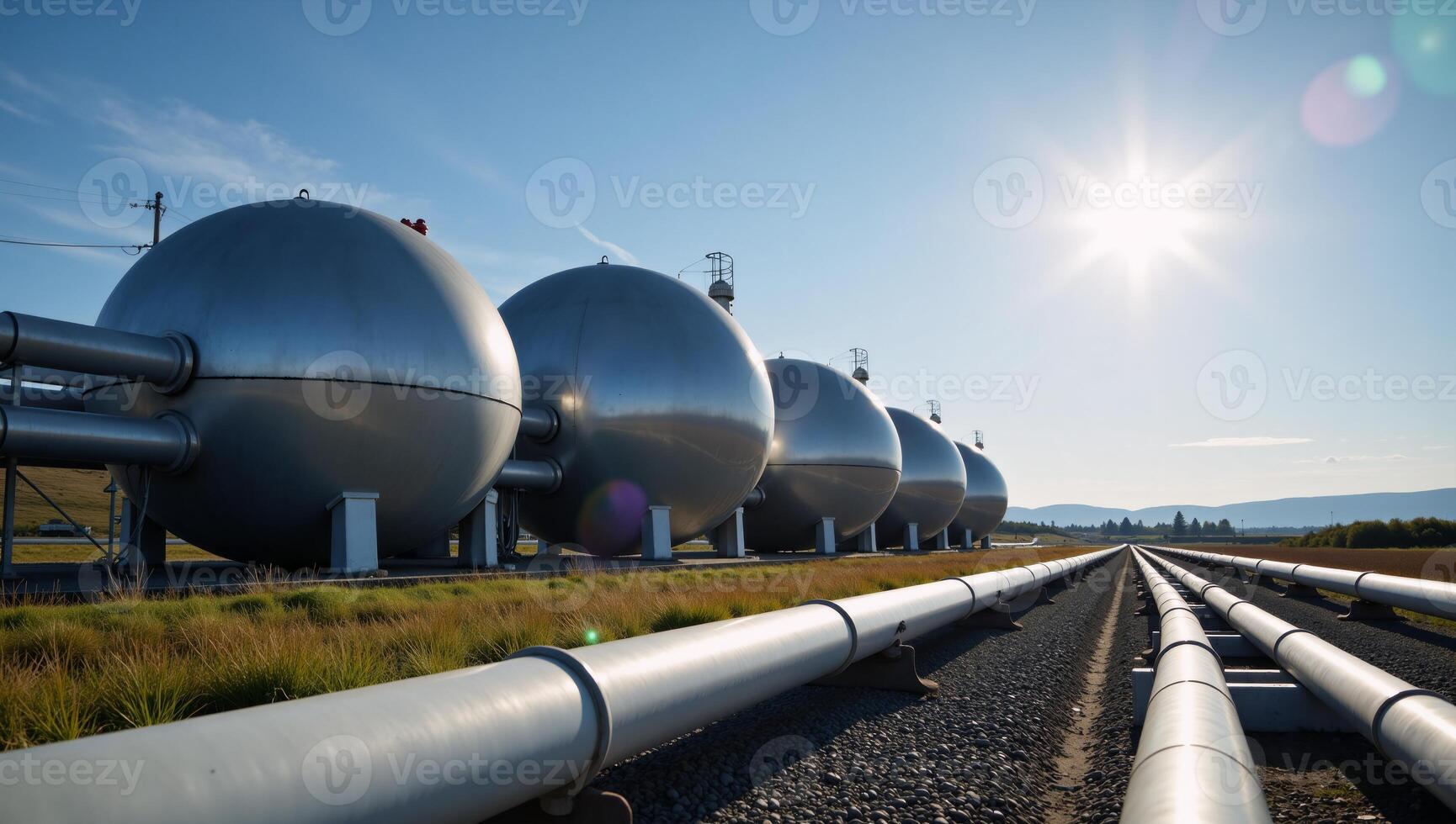 A modern factory showcases a spherical highpressure tank gas manufacturing facility featuring BPVC installations and surrounded by gas pipes on a bright day photo