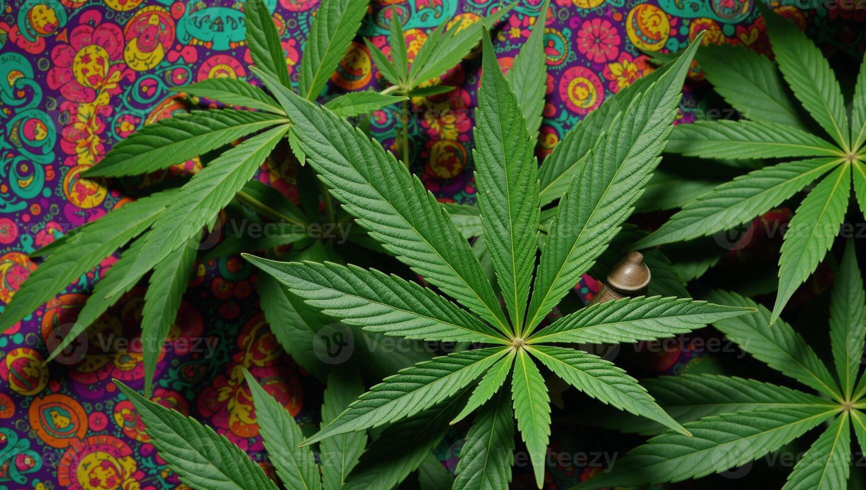 Vibrant abstractsurreal depiction of a trippy background featuring marijuana leaves and smiling consumers in a psychedelic style symbolizing THC legalization photo
