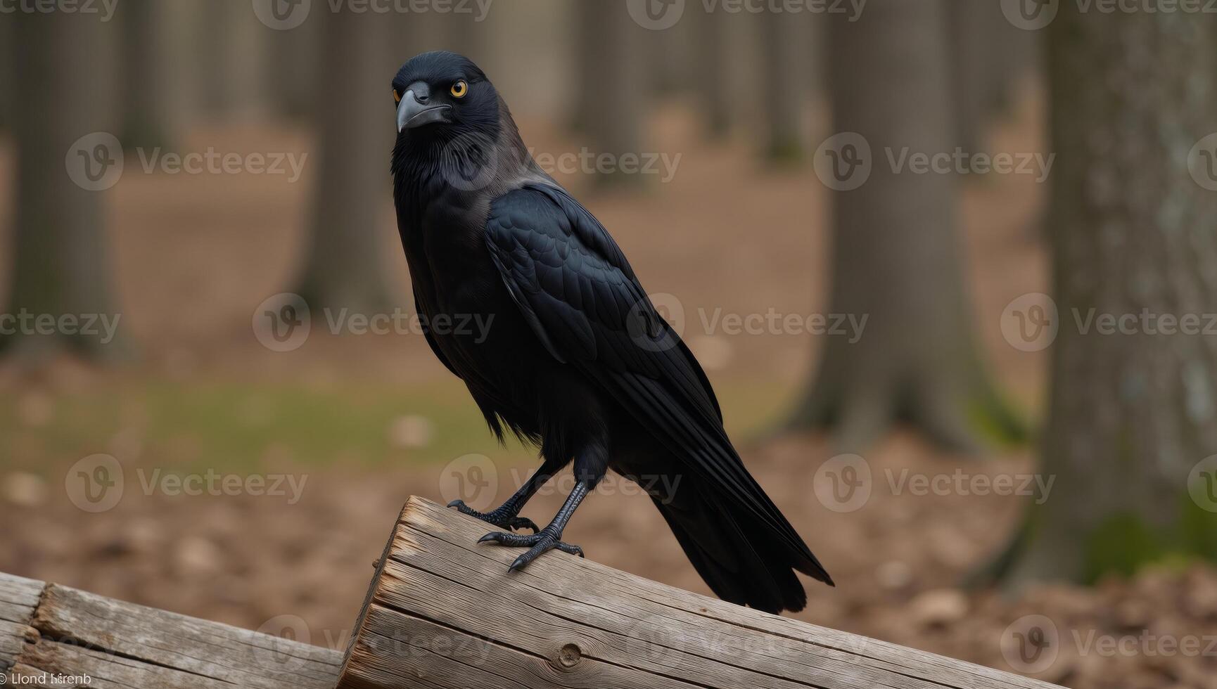 Majestic crow perched on weathered tree trunk dark atmospheric photo