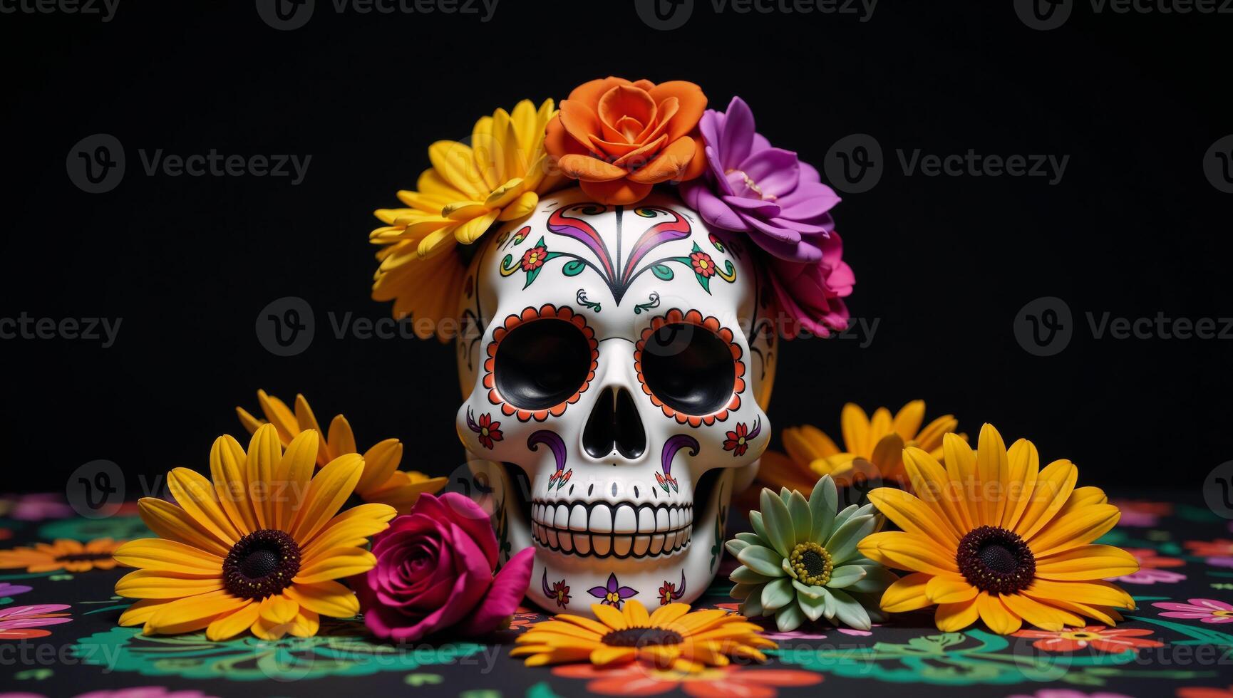 Day of the Dead theme Skull and vibrant floral arrangements against a dark backdrop Copy Space photo