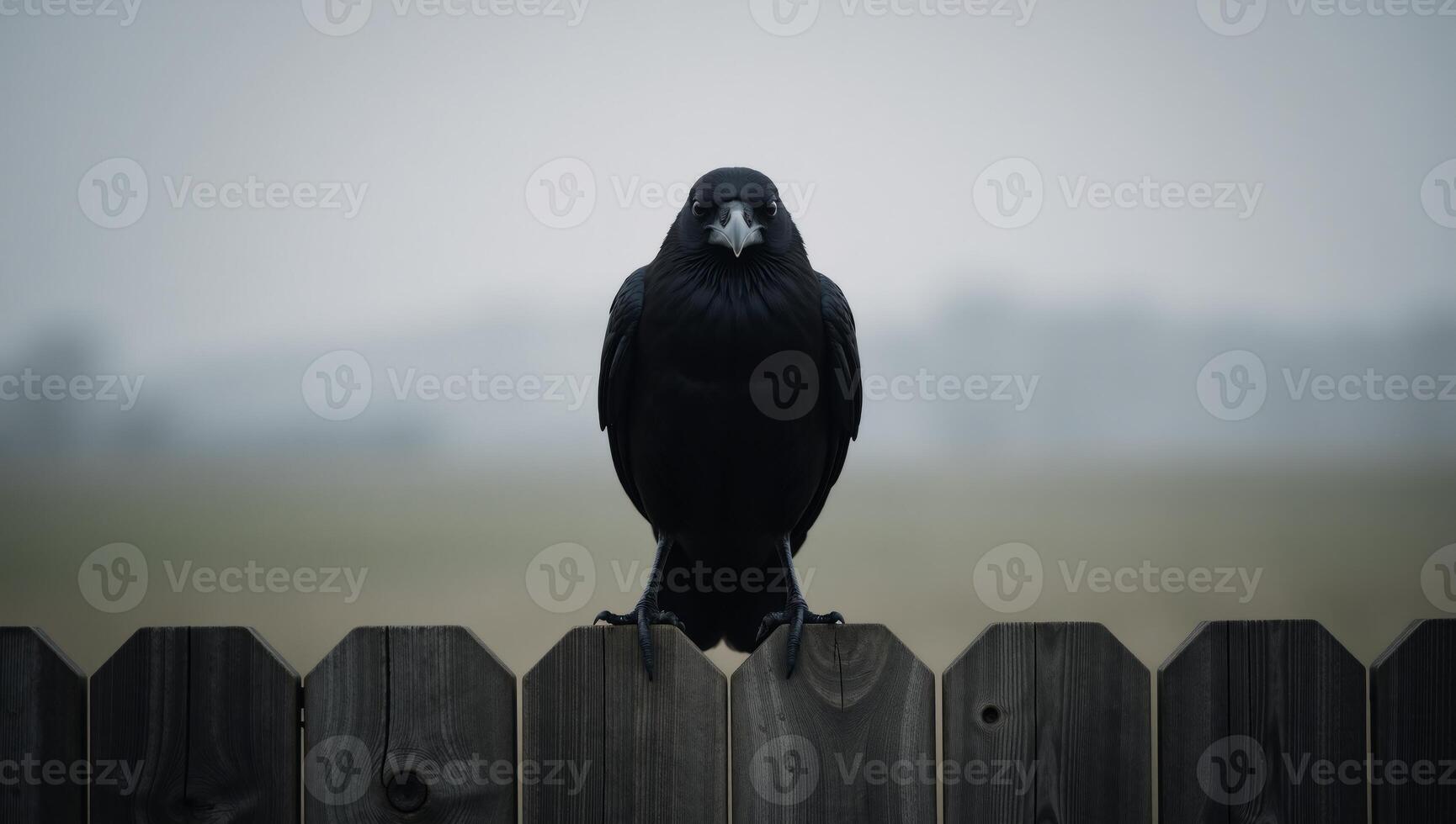 A hauntingly beautiful black raven perches eerily on an old wooden fence photo