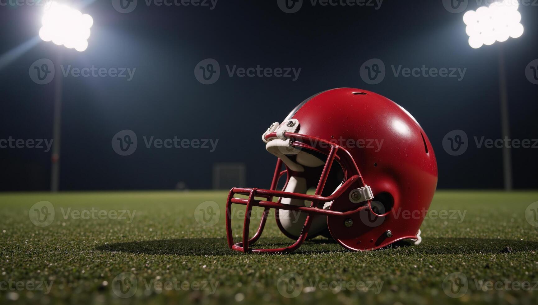 Red football helmet glows under spotlight on dirt field photo